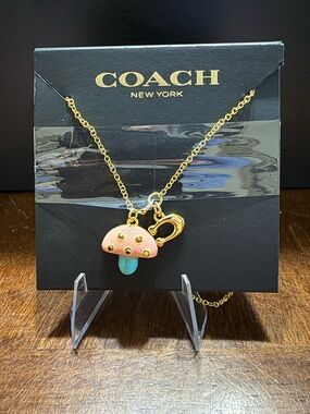 Coach Pink Mushroom Gold Tone Pendant Necklace Women Cute Gift Fashion Accessory